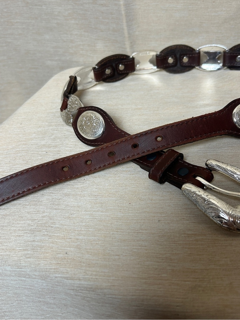 Tony Lama Vintage Dark Brown Leather Belt with Silver Engraved Conchos. - Picture 3 of 7